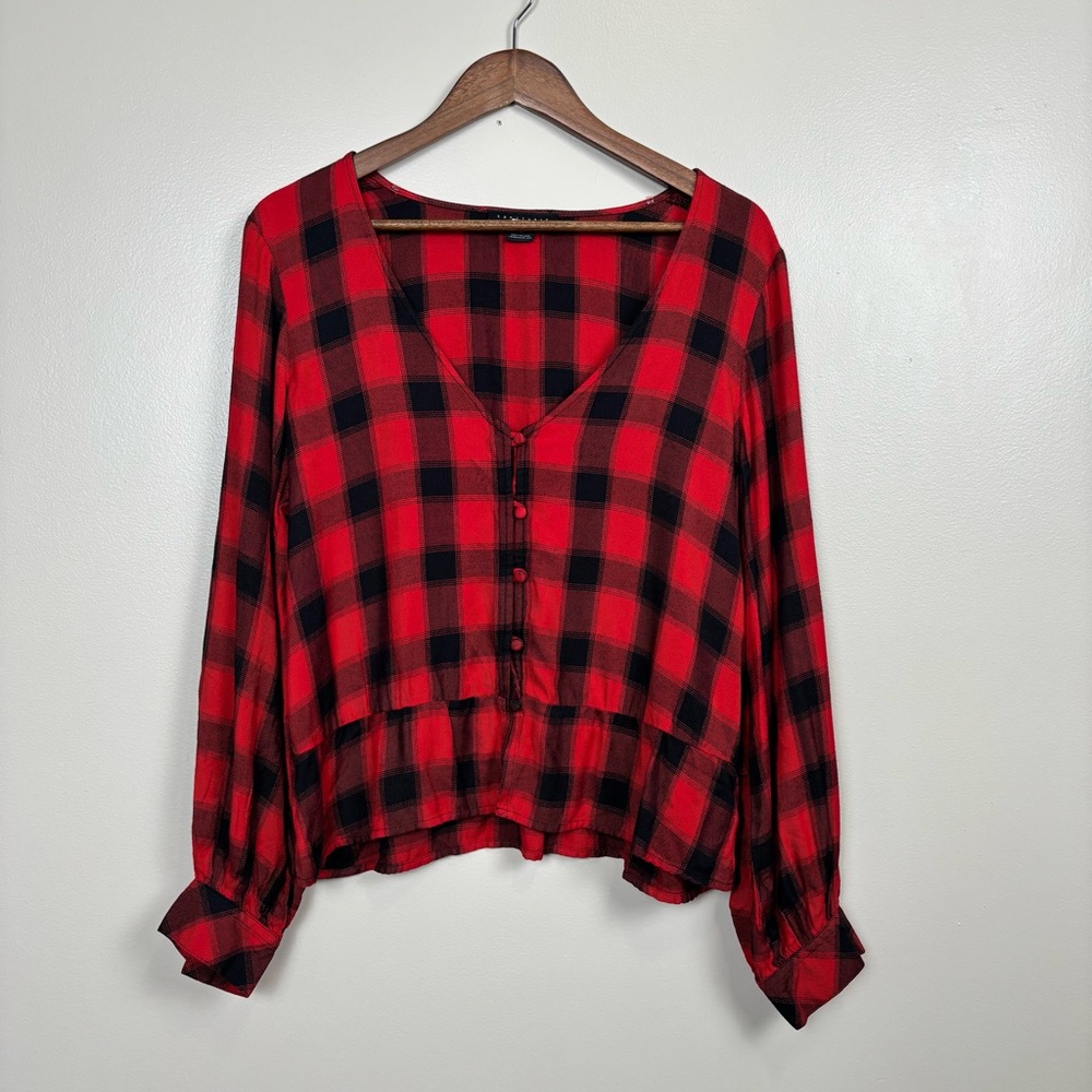 Sanctuary Top Womens Med Red‎ Black Jasper Plaid Button Front Peplum Blouse
